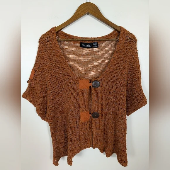 VINTAGE Frazzle Burnt Orange Open Knit Art To Wear Short SleeveCardigan Sweater - Picture 7 of 7